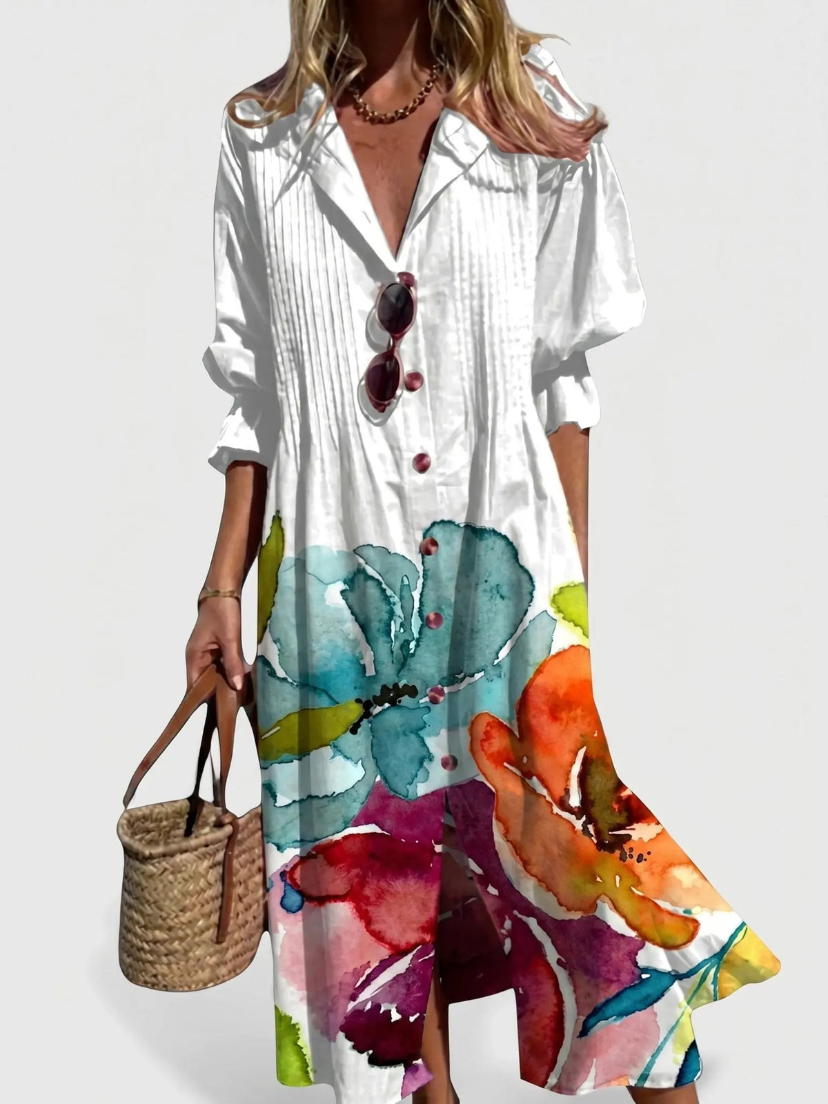 Coraline Robe Chemise Bohème Imprimée, Boutonnée Devant, Coupe Décontractée Maxi pour Femme - Blanc