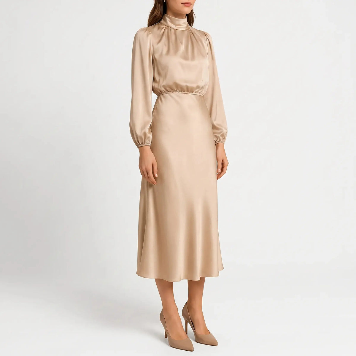Wren Robe Midi Col Haut, Manches Longues pour Femme - Beige