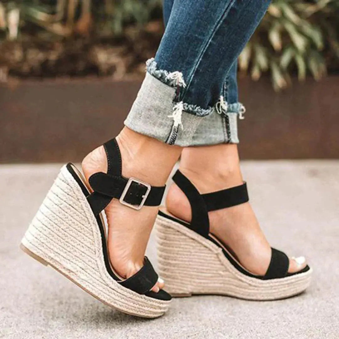 Ilaria Sandales Compensées, Bout Ouvert, Bride Cheville à Boucle, Talon Espadrille pour Femme - Noir