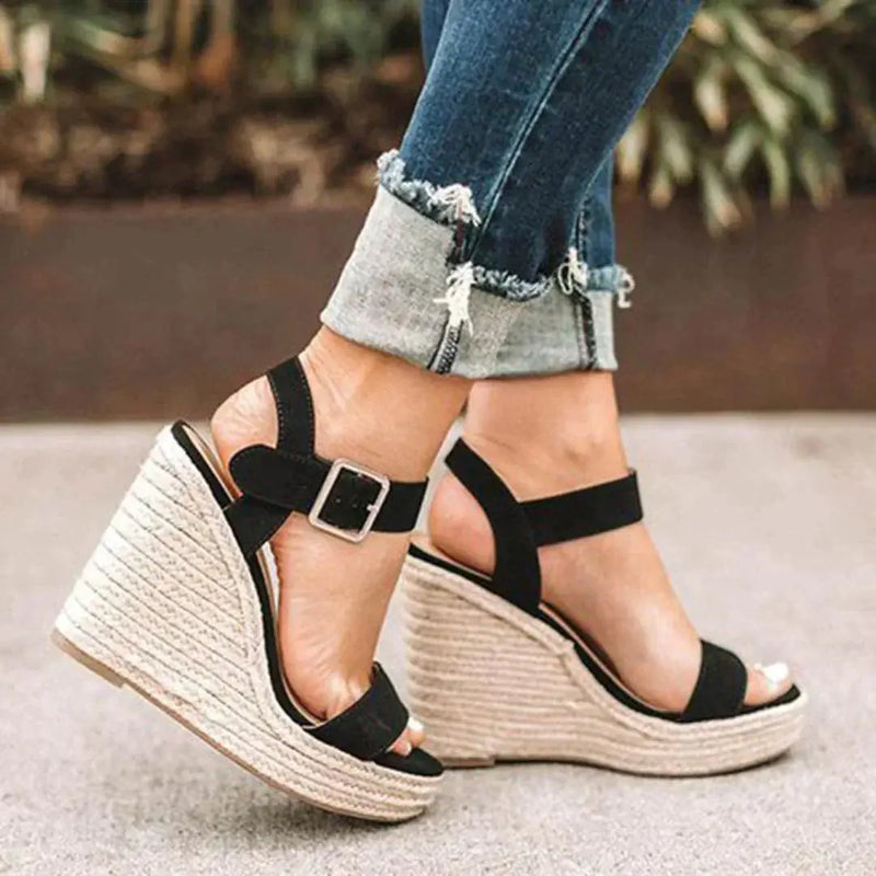 Ilaria Sandales Compensées, Bout Ouvert, Bride Cheville à Boucle, Talon Espadrille pour Femme - Noir