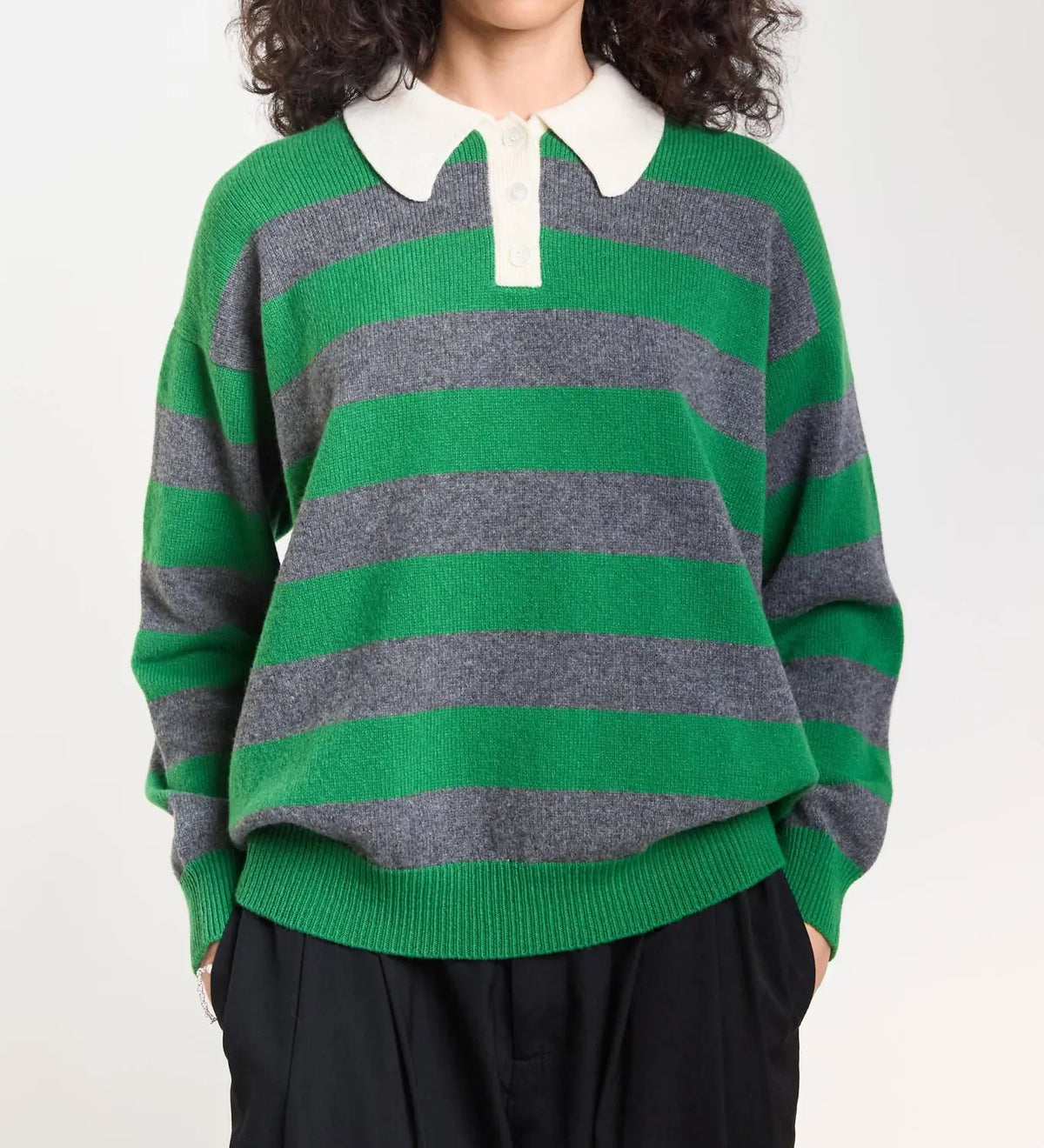 Edith Haut Polo Rayé pour Femme - Vert Pagode et Gris