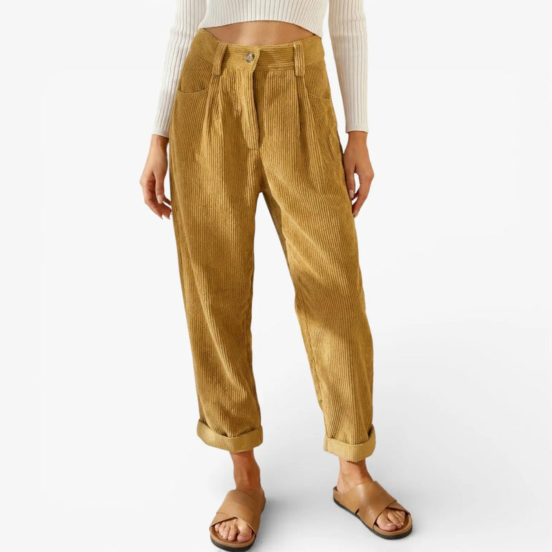 Vesna Pantalon en Velours Côtelé, Taille Haute, Jambe Large, Coupe Décontractée pour Femme - Jaune