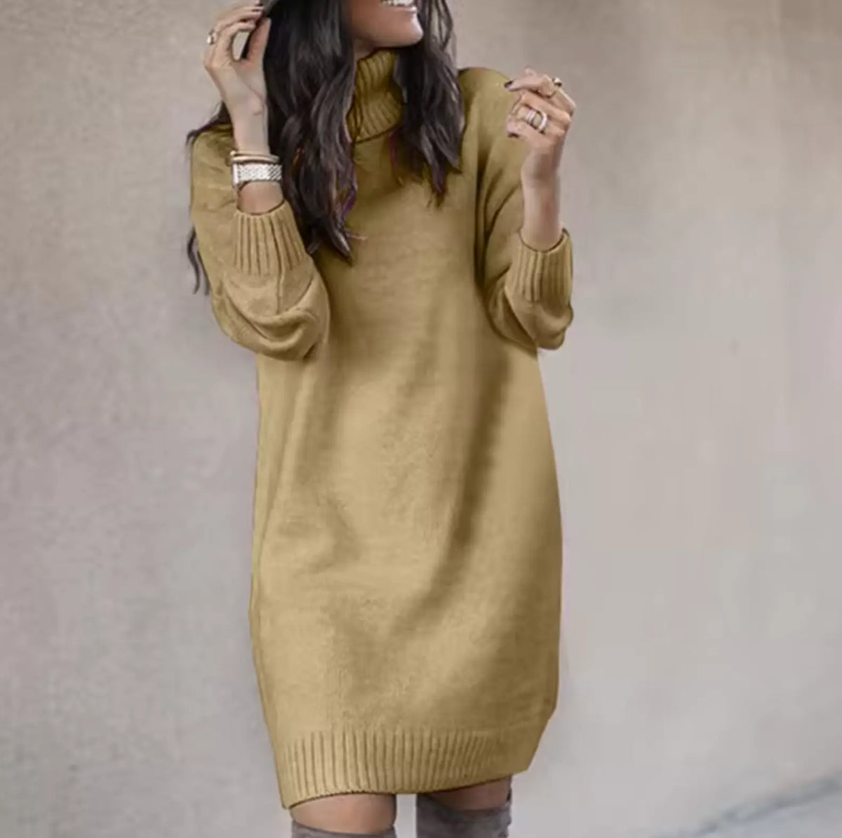 Isla Robe Pull Col Roulé, Douce et Élégante pour la Saison pour Femme - Kaki