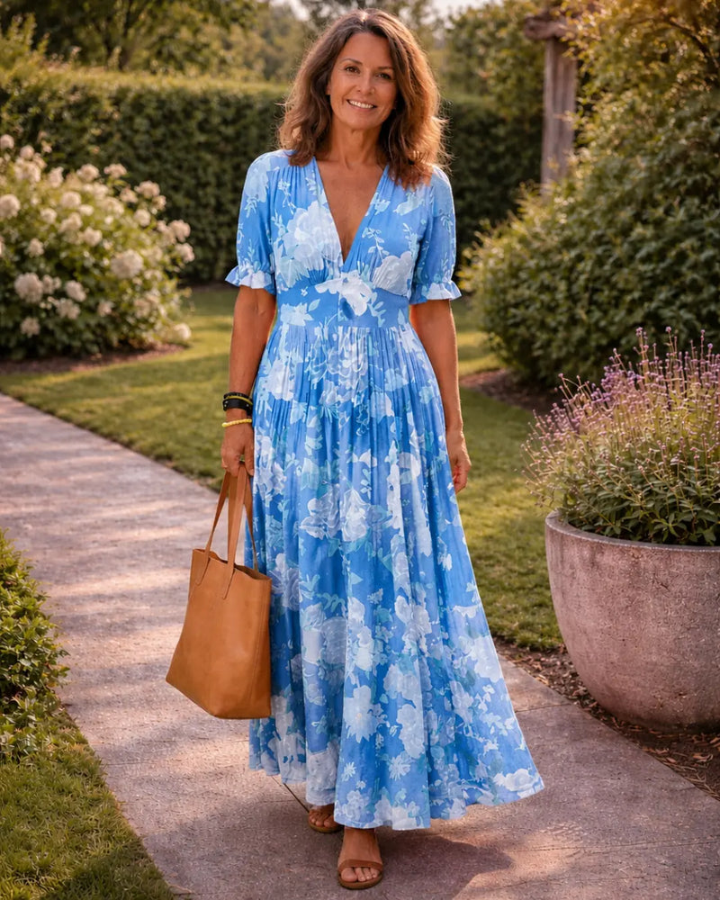 Adelisse Robe Maxi Plissée à Imprimé Fleuri pour Femme - Bleu
