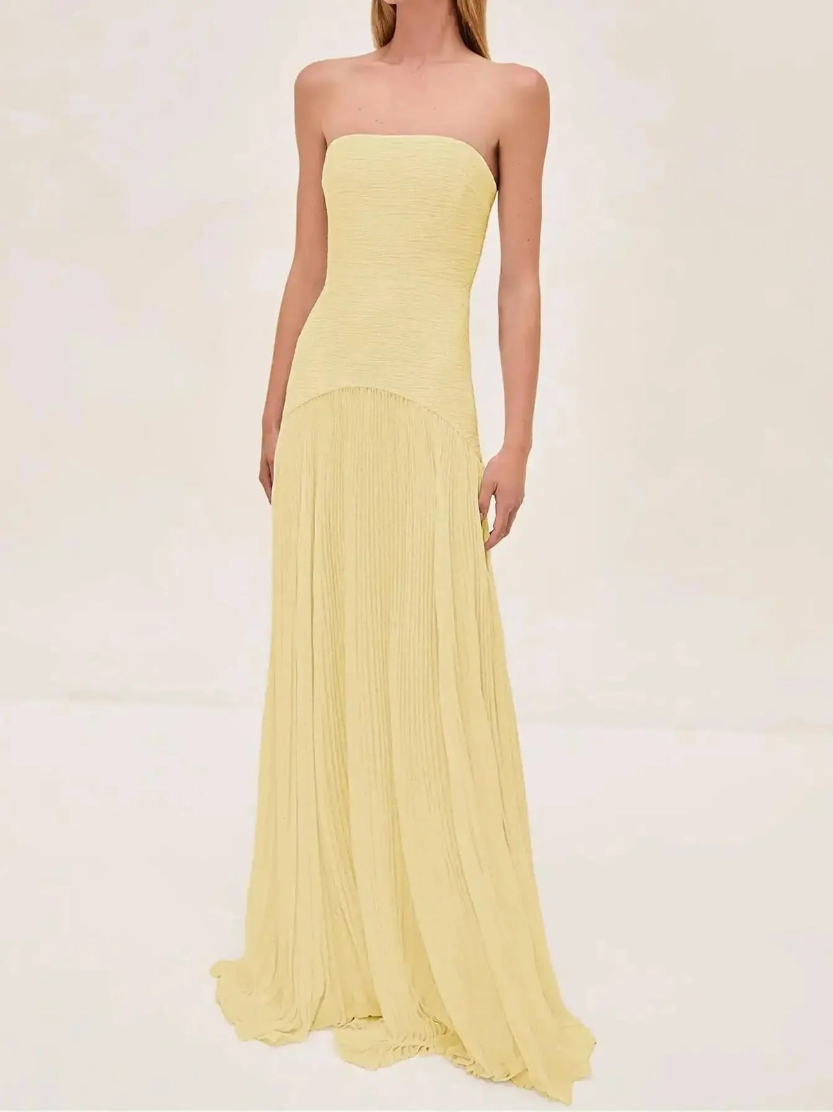 Ysolde Robe Maxi Bustier Ajusté, Jupe Plissée, Sans Bretelles pour Femme - Jaune