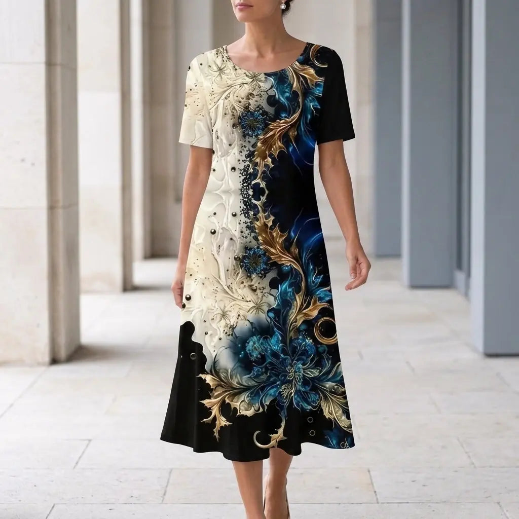 Marisol Robe Midi Imprimé Abstrait, Manches Courtes, Col Rond, Coupe Trapèze Décontractée pour Femme - Bleu