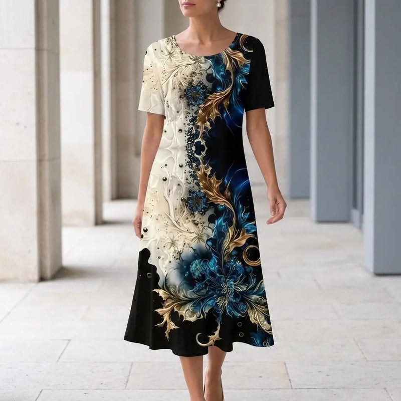 Marisol Robe Midi Imprimé Abstrait, Manches Courtes, Col Rond, Coupe Trapèze Décontractée pour Femme - Bleu