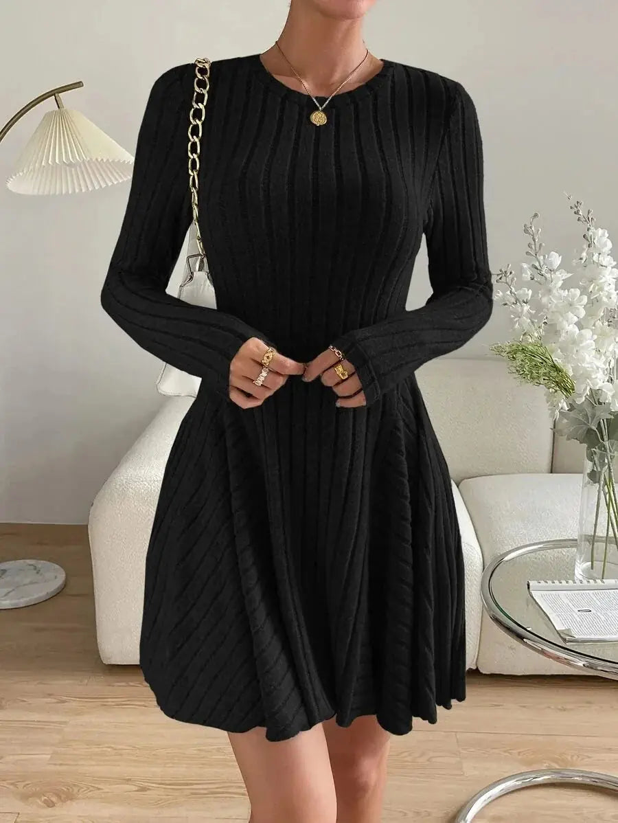 Salome Robe Mini Col Rond, Manches Longues, Détail Côtelé, Style Dîner pour Femme - Noir