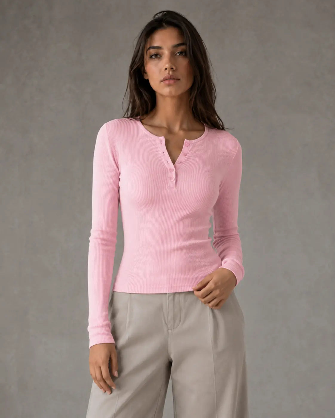 Larkin Haut Henley Côtelé, Manches Longues, Coupe Ajustée pour Femme - Rose