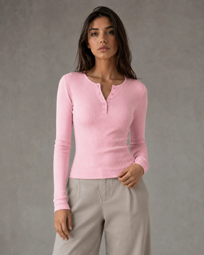 Larkin Haut Henley Côtelé, Manches Longues, Coupe Ajustée pour Femme - Rose