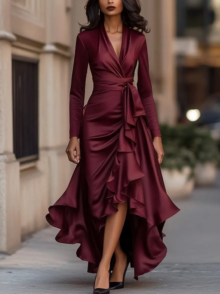 Mirabelle Robe Maxi en Satin Plissée, Détails à Volants pour Femme - Bordeaux