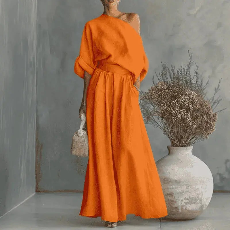 Solendra Ensemble Coordonné Haut Asymétrique et Pantalon Large Fluide pour Femme - Orange Vif