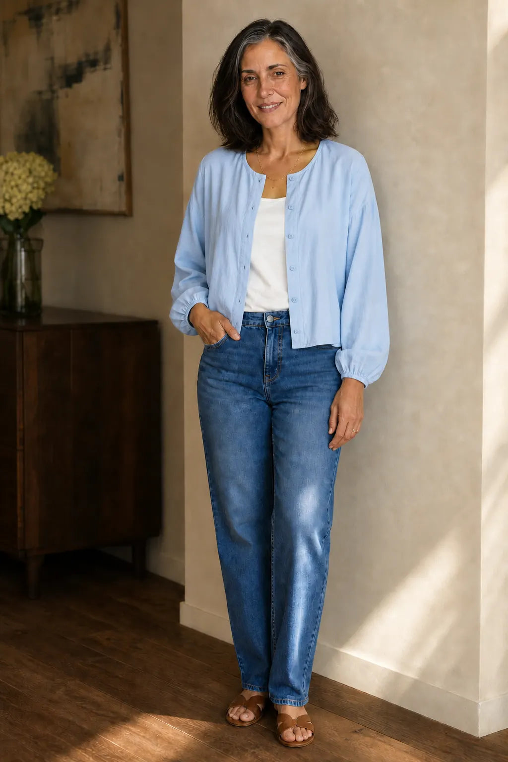 Dorielle Chemise Col Rond Boutonnée, Manches Longues pour Femme - Bleu
