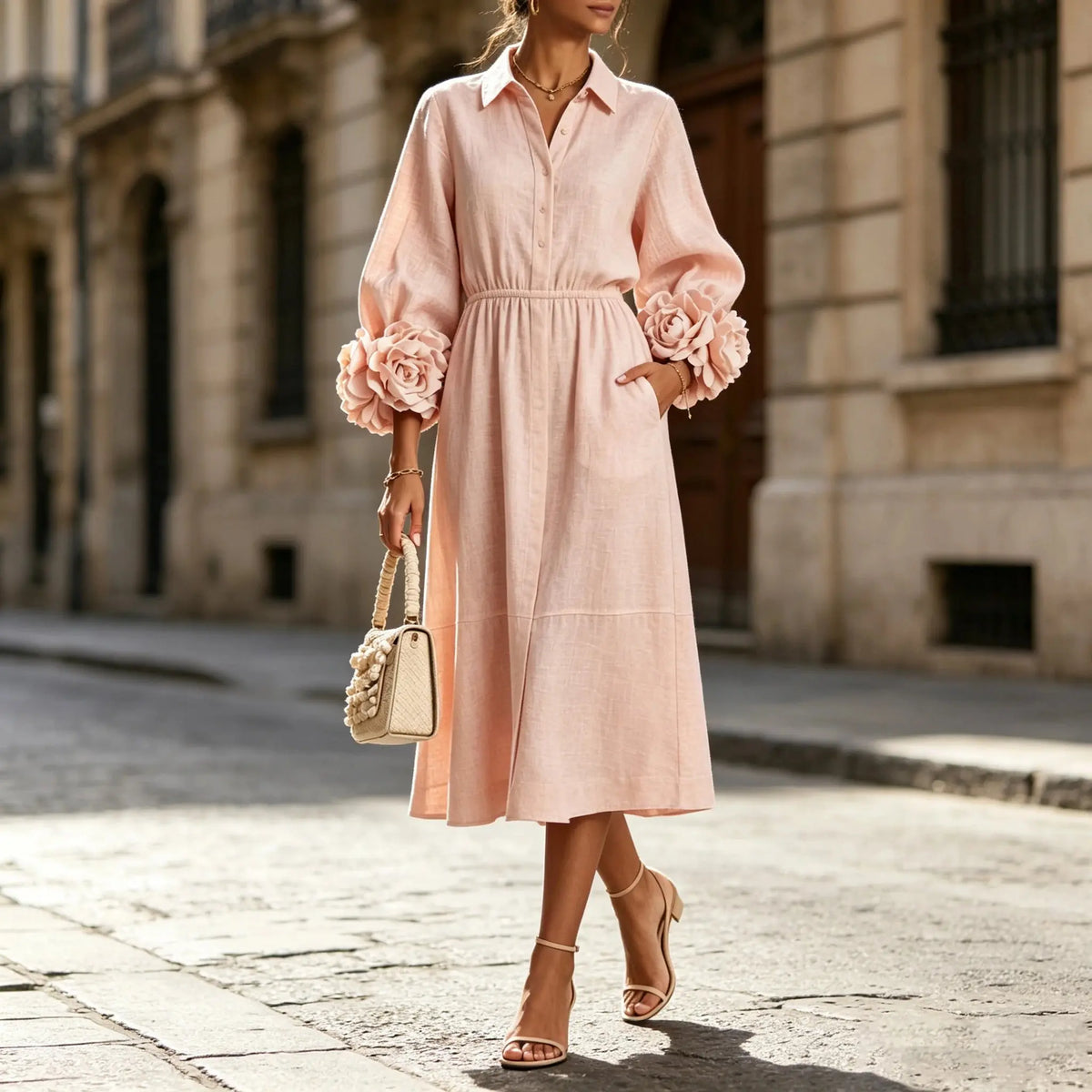 Marielle Robe Midi Fleurie à Manchettes pour Femme - Rose