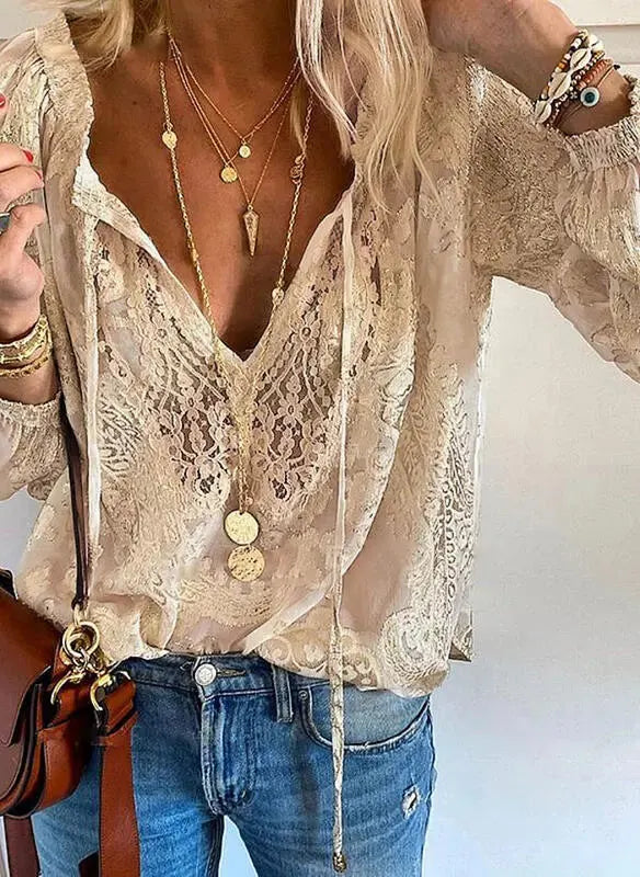 Verda Blouse Bohème en Dentelle, Manches Longues pour Femme - Kaki