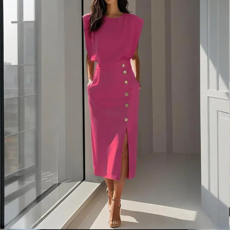 Structa Robe Midi Structurée, Boutons Latéraux et Fente à l'Ourlet pour Femme - Rose Clair