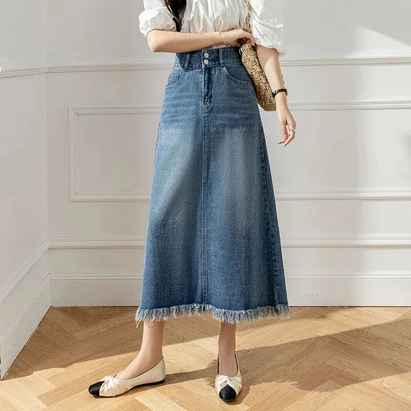 Giulia Jupe Midi Trapèze en Denim pour Femme - Bleu