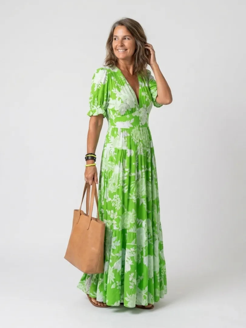 Adelisse Robe Maxi Plissée à Imprimé Fleuri pour Femme - Vert