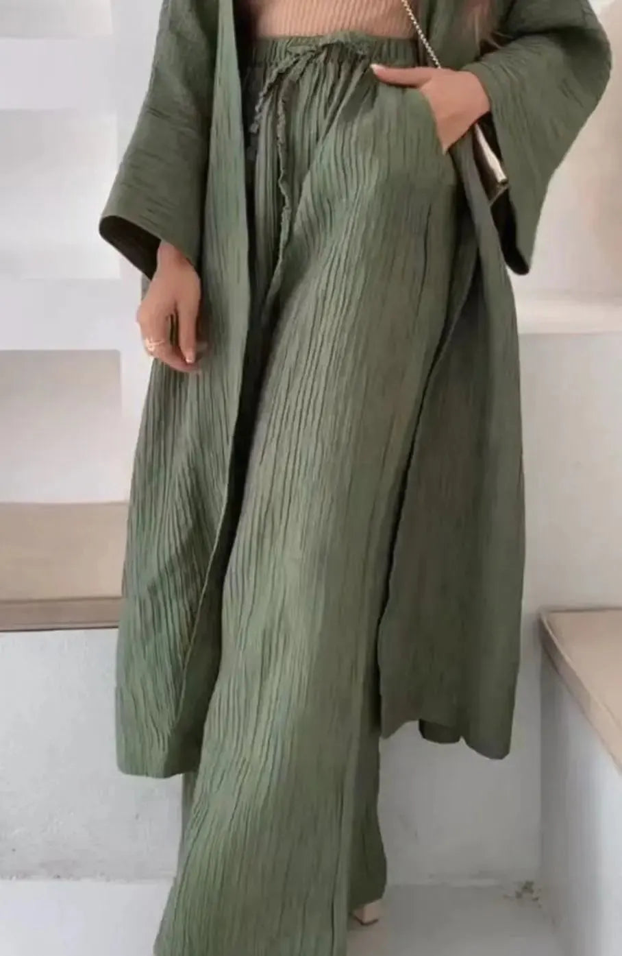 Elowen Ensemble Deux Pièces Kimono Plissé et Pantalon Large pour Femme - Vert