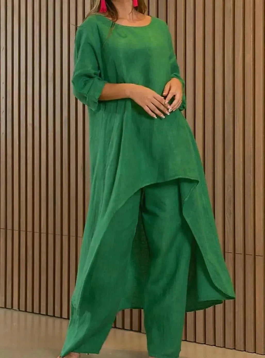 Rosamund Ensemble Deux Pièces Décontracté, Manches Longues, Ourlet Asymétrique pour Femme - Vert