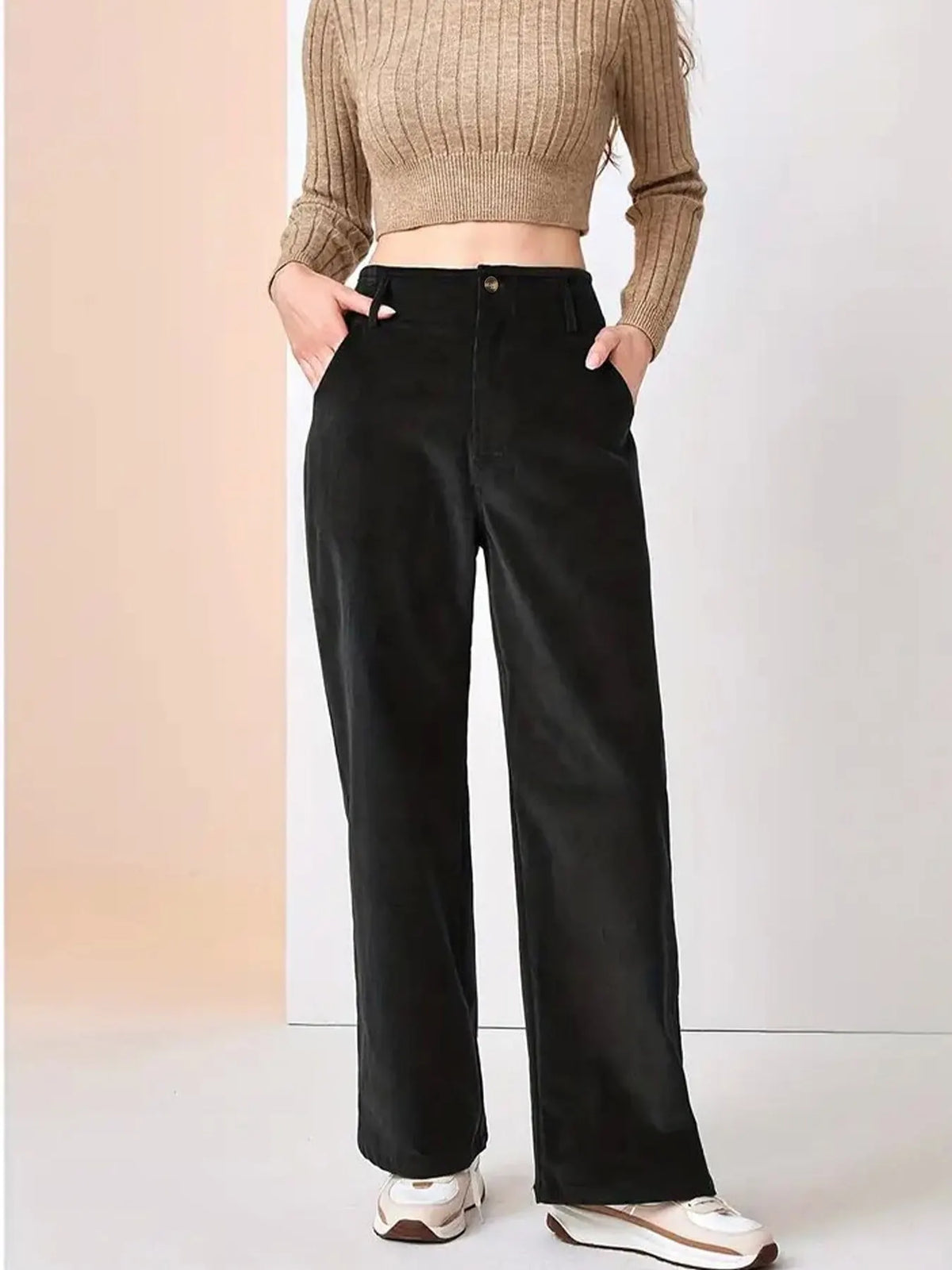 Bronwyn Pantalon en Velours Côtelé, Taille Haute et Jambe Large pour Femme - Noir