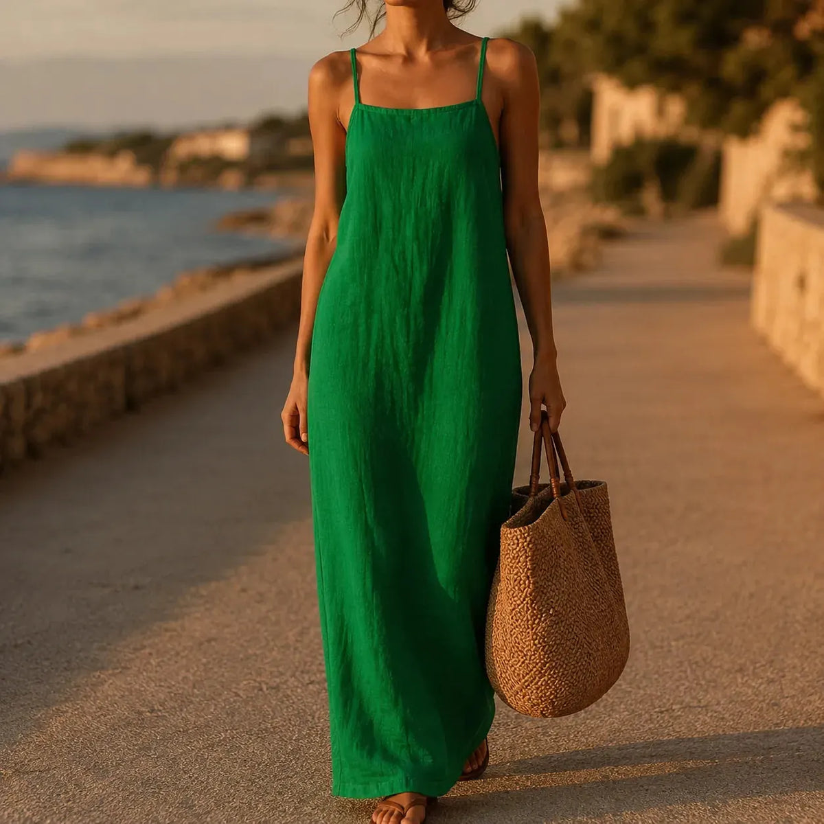 Marelle Robe Maxi Fluide Effet Lin pour Femme - Émeraude