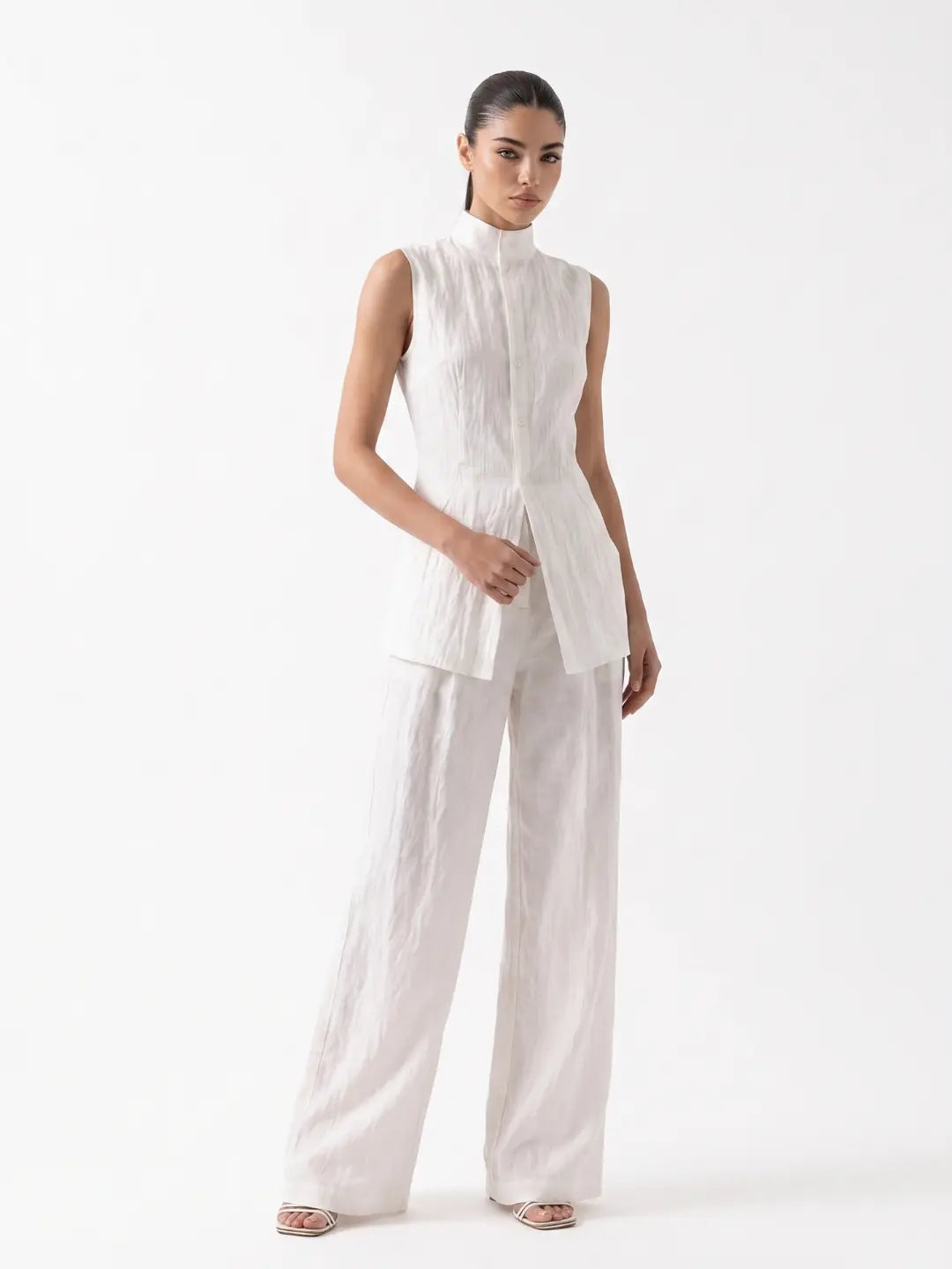 Grace Ensemble Pantalon Large en Lin pour Femme - Blanc