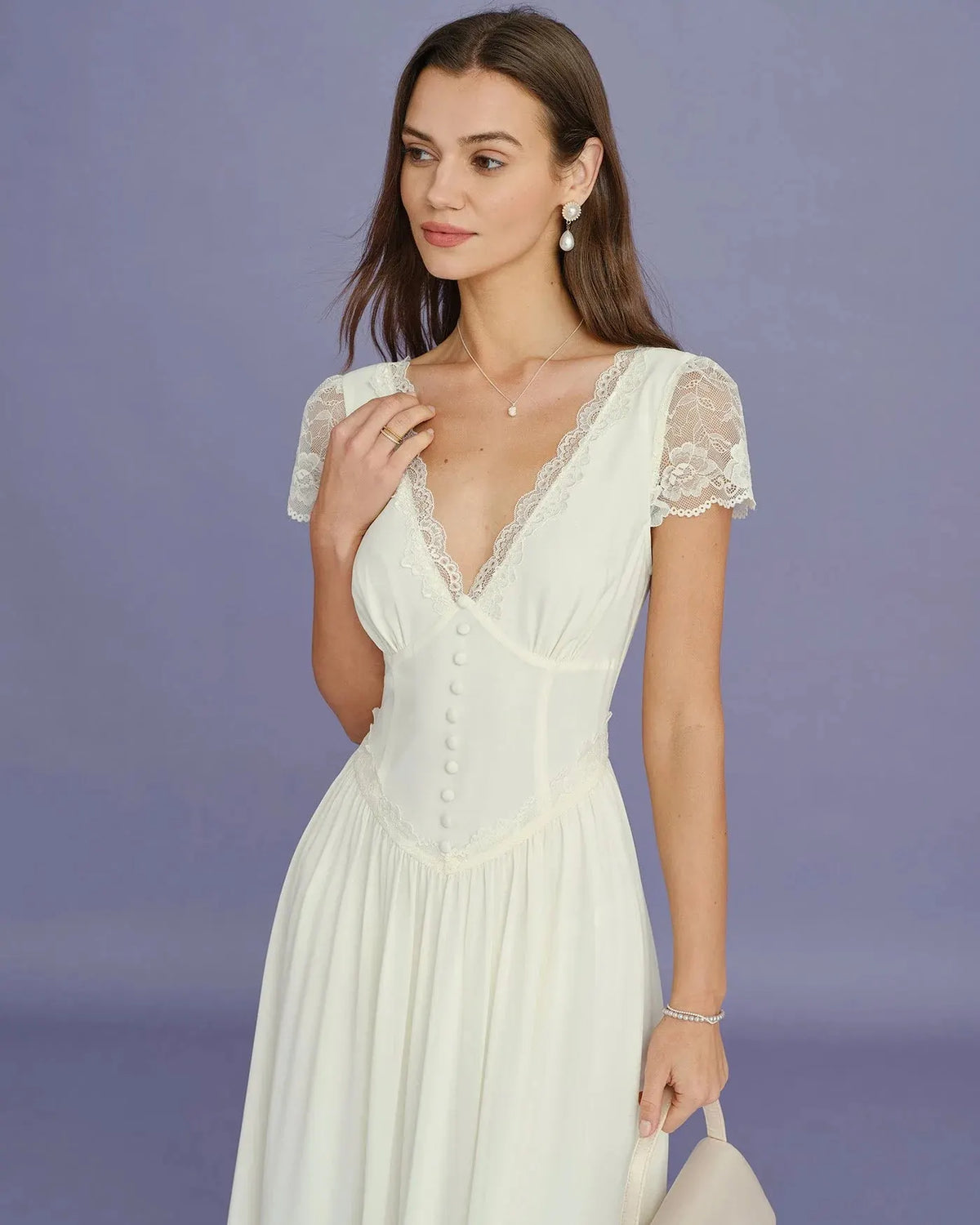 Ariadne Robe Midi en Dentelle à Manches pour Femme - Ivoire