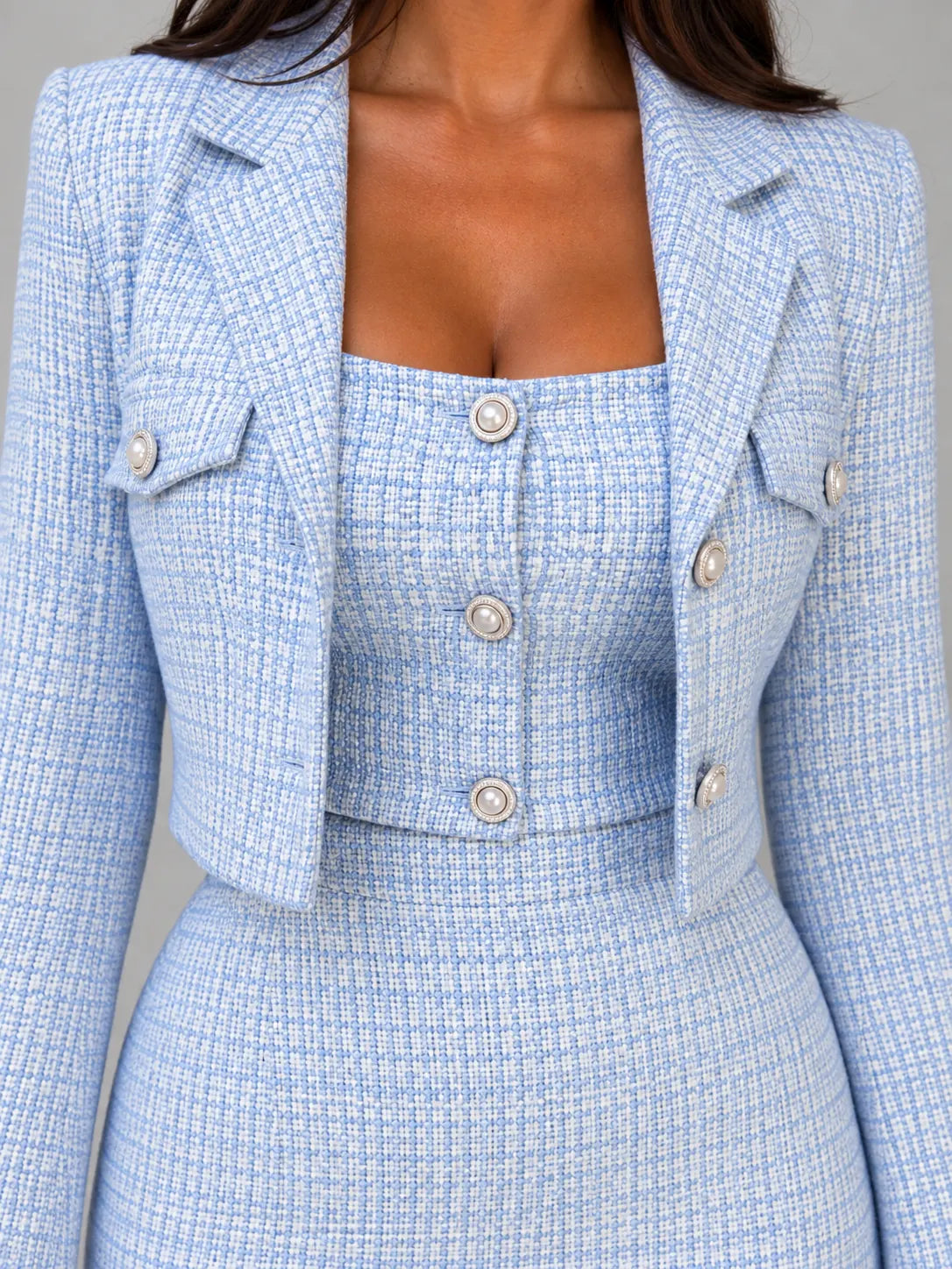 Lior Ensemble Deux Pièces Robe Midi en Tweed et Blazer Court pour Femme - Bleu Clair