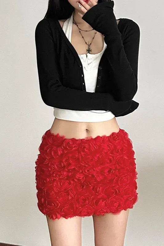 Havana Jupe Mini Moulante à Fleurs 3D pour Femme - Rouge