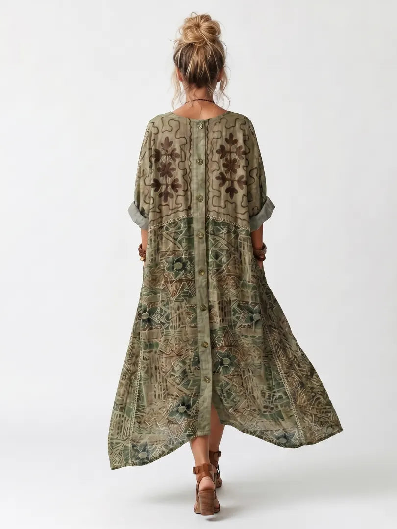 Elodine Robe Midi Bohème Brodée à Poches, Coupe Décontractée, Vert pour Femme - Vert