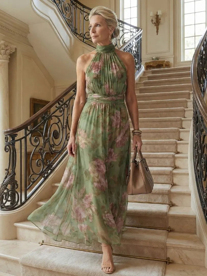 Taliesin Robe Midi Col Halter Fleurie, Style Garden Party d'Été pour Femme - Vert Sauge
