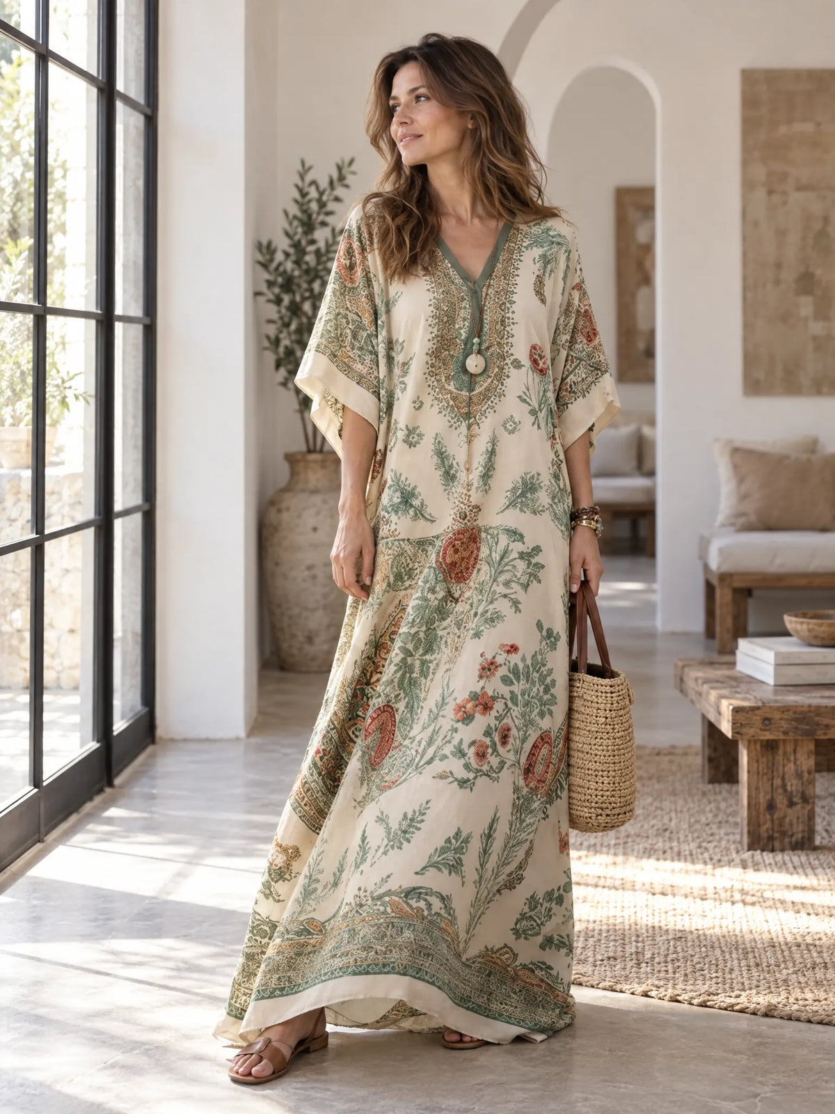 Arden Robe Kaftan à Imprimé Fleuri, Col en V pour Femme - Beige et Vert
