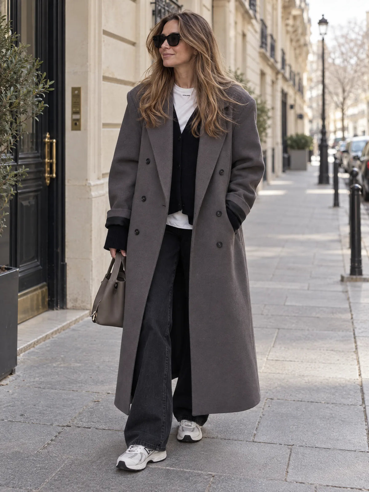 Charter Manteau Maxi en Laine, Col à Revers, Croisé, Manches Longues pour Femme - Gris