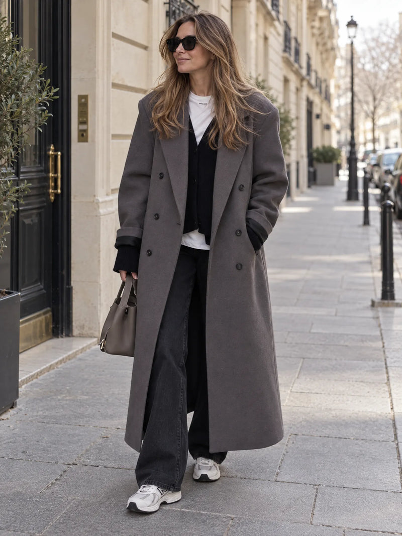Charter Manteau Maxi en Laine, Col à Revers, Croisé, Manches Longues pour Femme - Gris