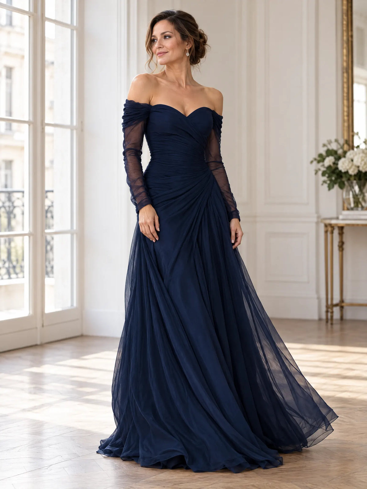 Ivette Robe de Soirée Maxi en Mousseline, Épaules Dénudées, Manches Longues, Décolleté Cœur pour Femme - Bleu Foncé