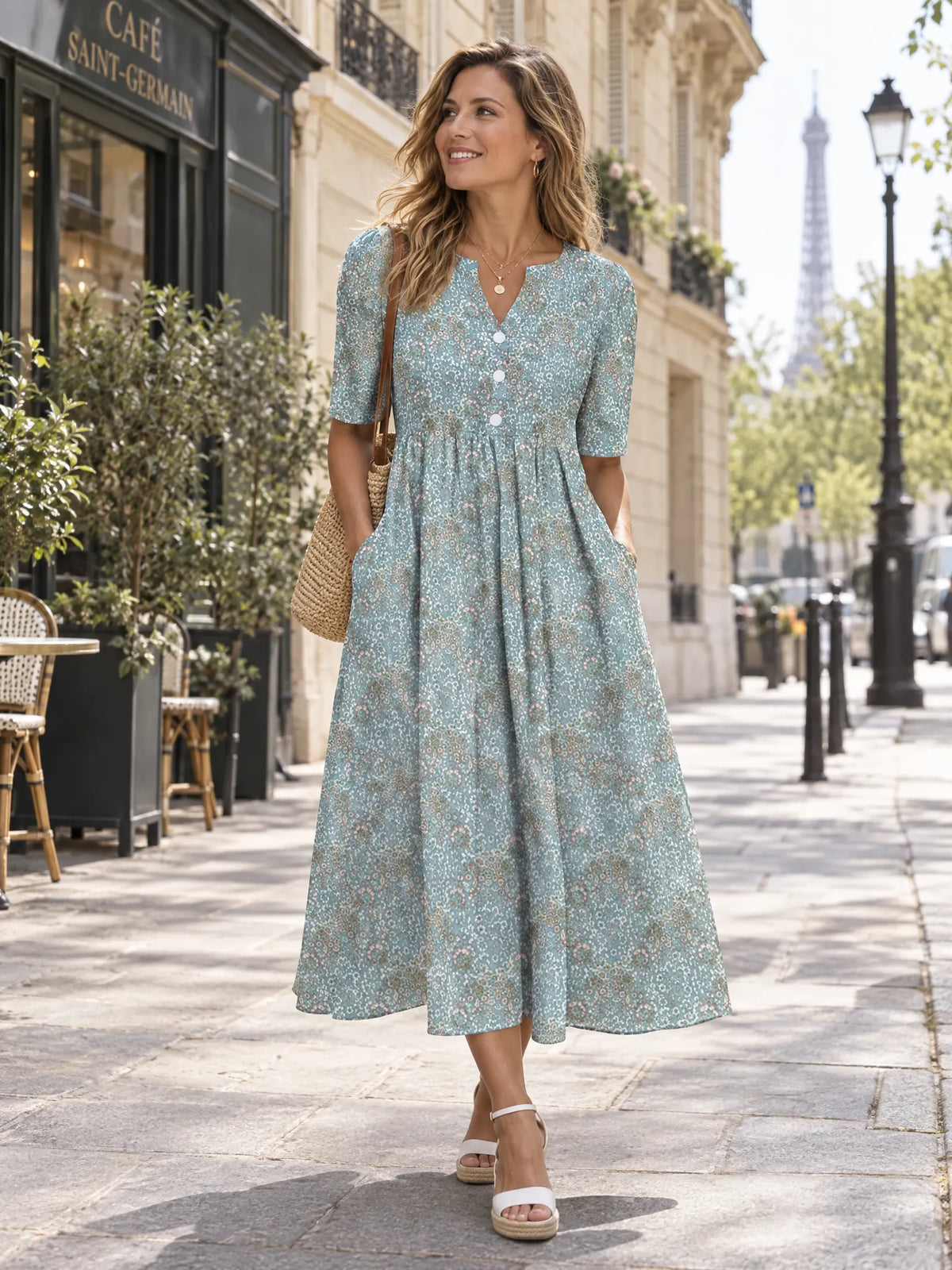 Juliette Robe Midi Boutonnée à Imprimé Fleuri pour Femme - Bleu