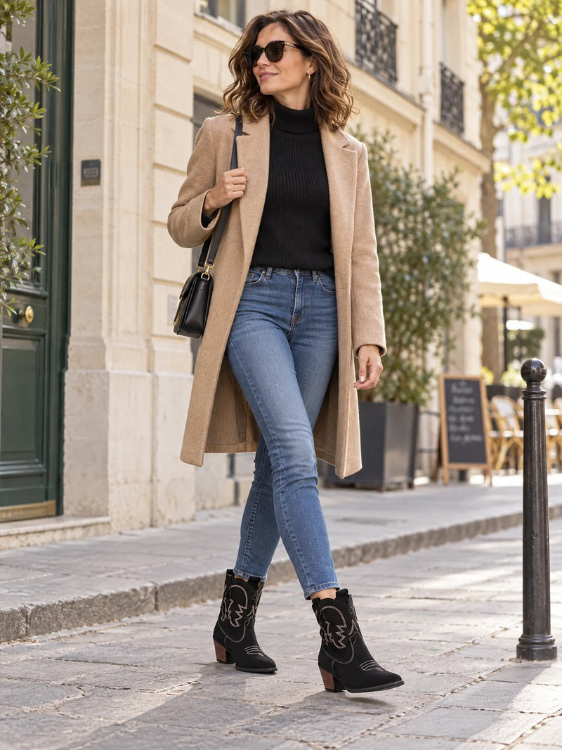 Lacey Bottines Western Brodées, Talon Empilé, Style Cowboy pour Femme - Noir