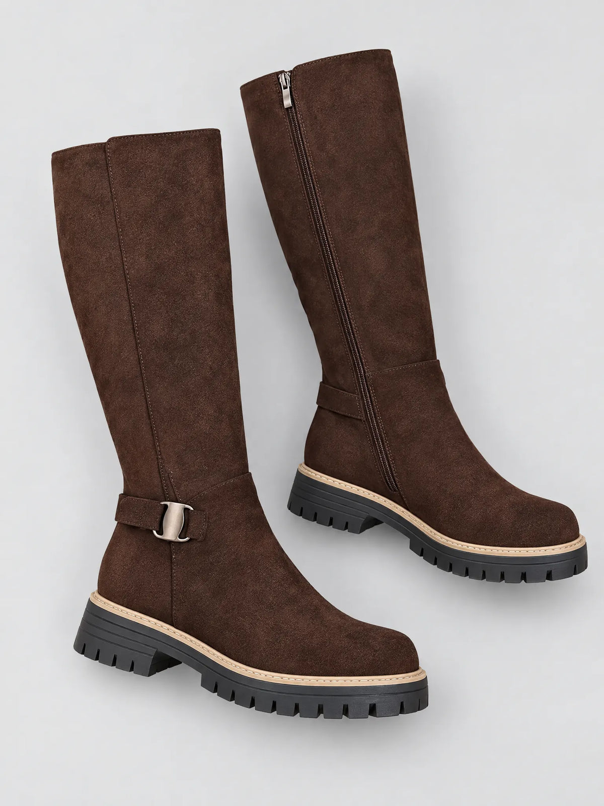 Lainie Bottes Montantes à Boucle, Semelle Crantée, Talon Carré pour Femme - Café
