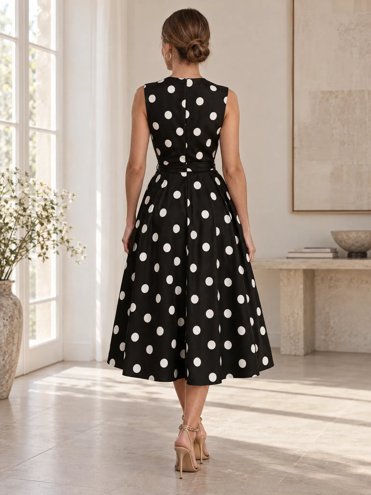Marisin Robe Midi à Pois, Élégante, Sans Manches, Style Cocktail d'Été pour Femme - Noir