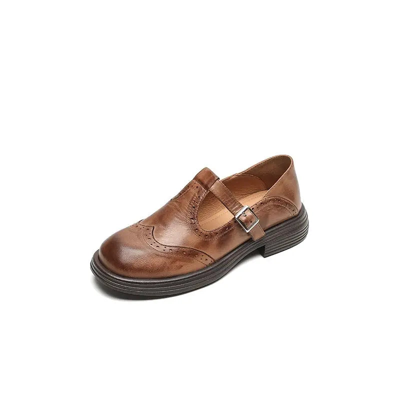 Maribeth Chaussures Mary Jane à Bride, Détails Brogue et Talon Carré pour Femme - Marron