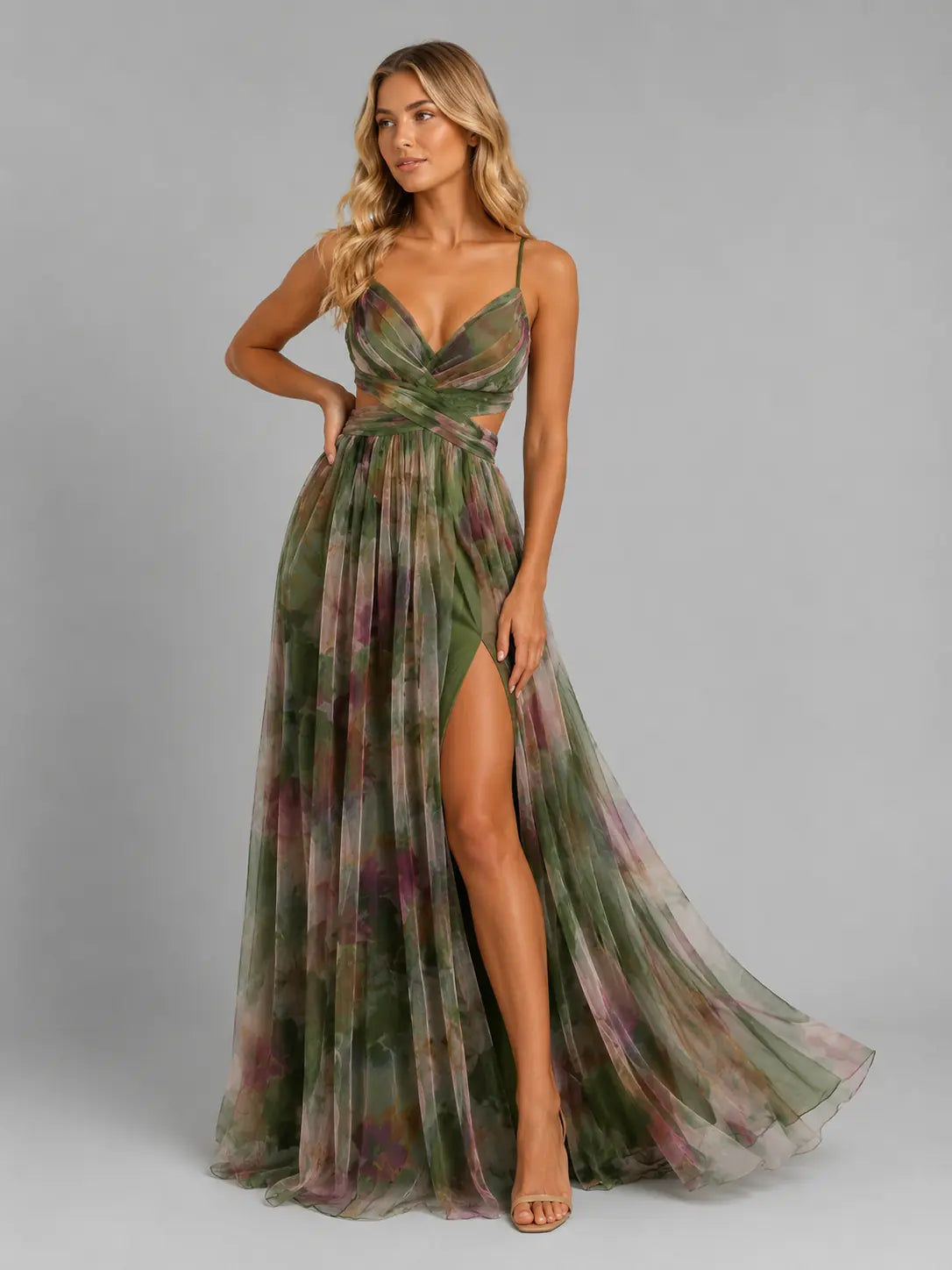 Oceane Robe Maxi Fleurie Col en V, Silhouette Fluide pour Femme - Vert
