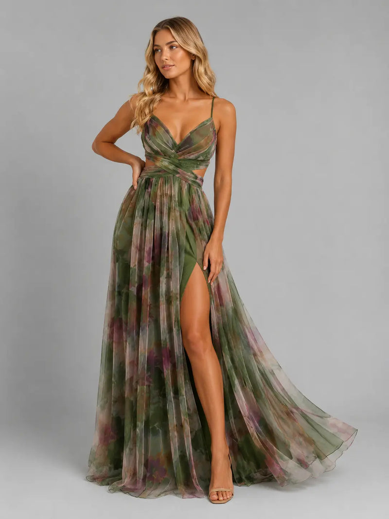 Oceane Robe Maxi Fleurie Col en V, Silhouette Fluide pour Femme - Vert