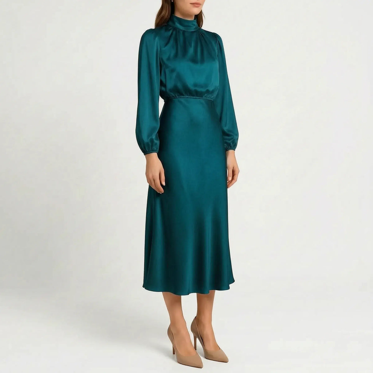 Wren Robe Midi Col Haut, Manches Longues pour Femme - Bleu