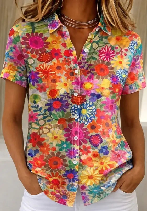 Ravenna Chemise Fleurie Boutonnée, Manches Courtes, Coupe Décontractée, 7 Coloris pour Femme - Orange