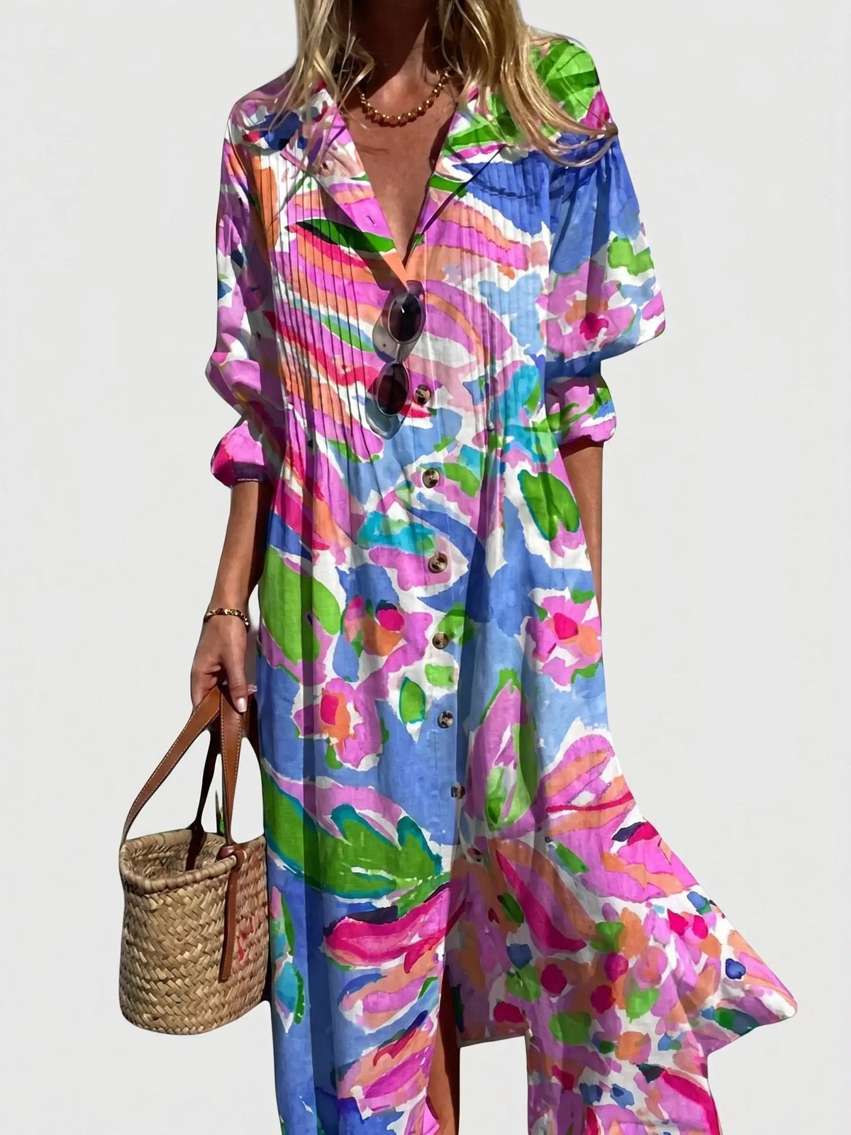 Coraline Robe Chemise Bohème Imprimée, Boutonnée Devant, Coupe Décontractée Maxi pour Femme - Rouge
