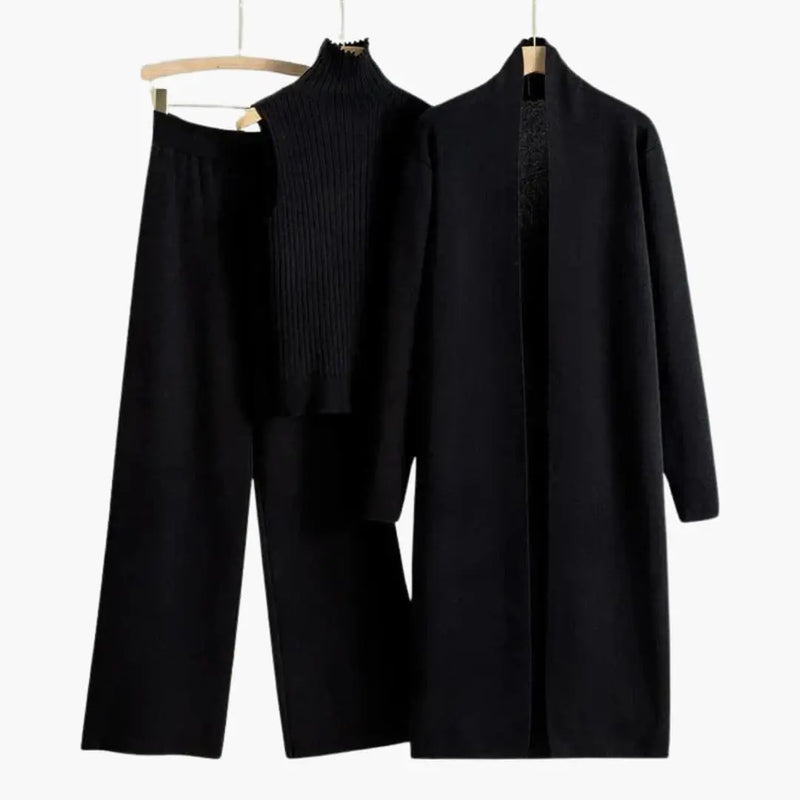 Avery Ensemble Trois Pièces en Maille Côtelée, Élégant pour Femme - Noir