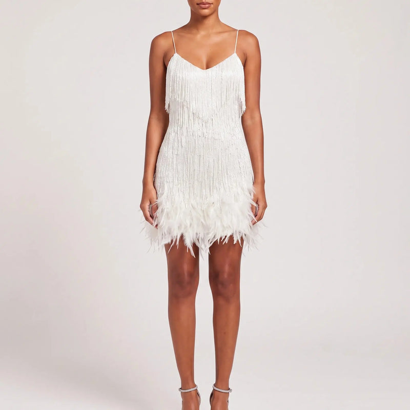 Halcyon Robe Mini à Franges, Sans Manches, Blanche pour Femme - Blanc