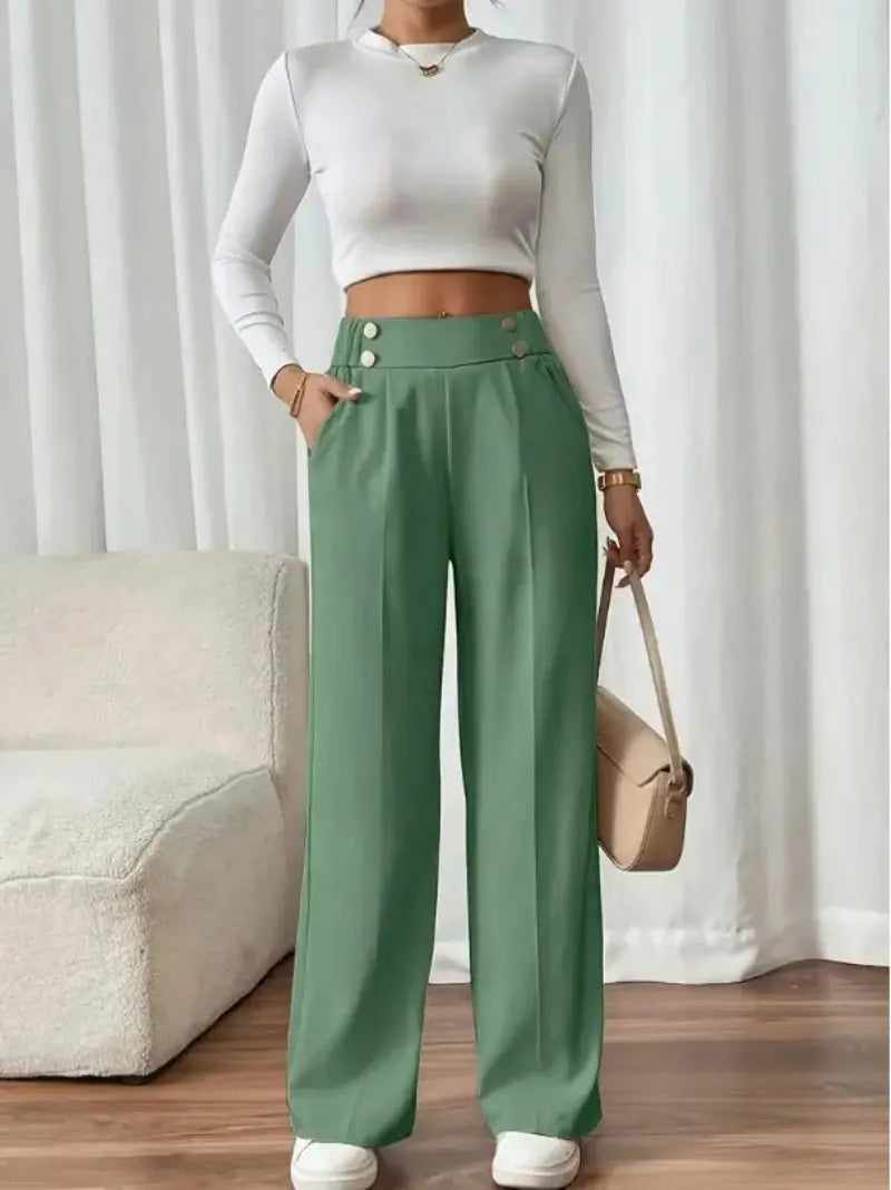 Amalric Pantalon Large Taille Haute, Bouton et Poches Latérales pour Femme - Vert