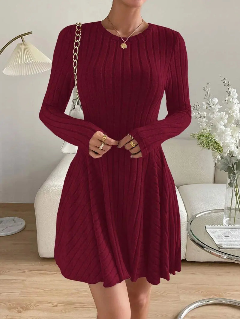 Salome Robe Mini Col Rond, Manches Longues, Détail Côtelé, Style Dîner pour Femme - Bordeaux